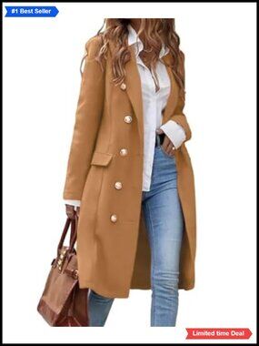 Womens Wool Blend Long Double Breasted Trench Coat Business Casual